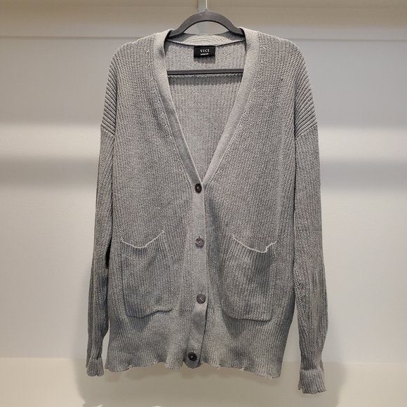 Vici Mindy Gray Button Front Distressed Cotton Ribbed Knit Cardigan Sweater - Picture 5 of 10